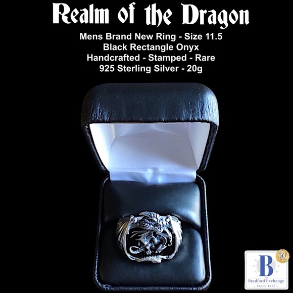 RARE Mens Vtg. Ring .925 Sterling 20gm w/Black Onyx BGE Realm of the Dragon -NEW - Picture 6 of 6